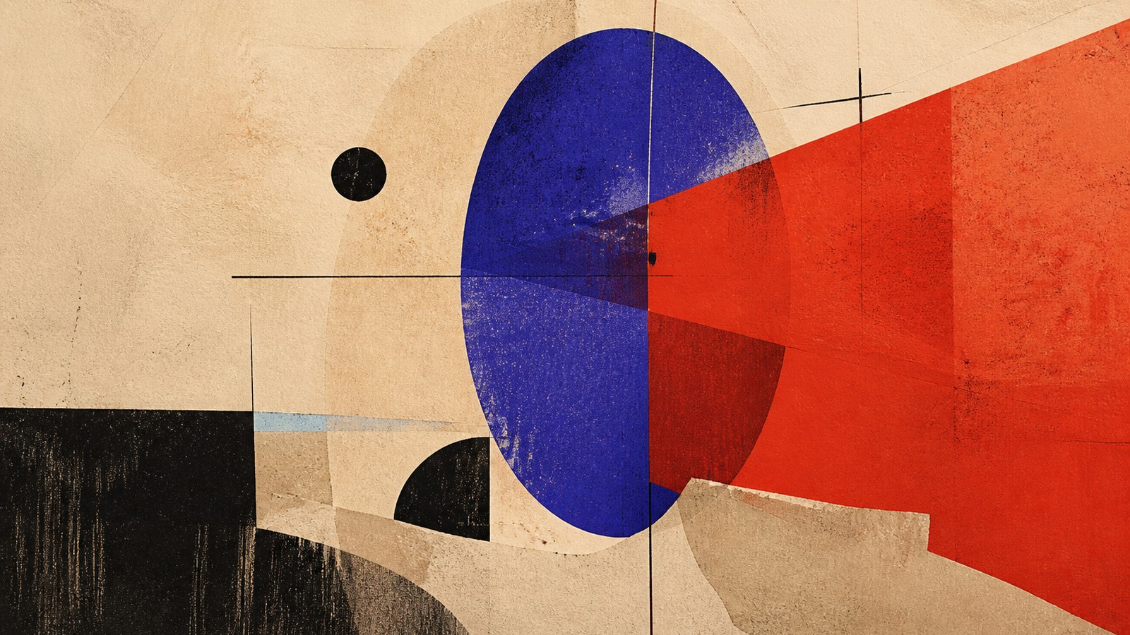 Abstract mixed-media artwork in sand, cobalt, vermilion and black.