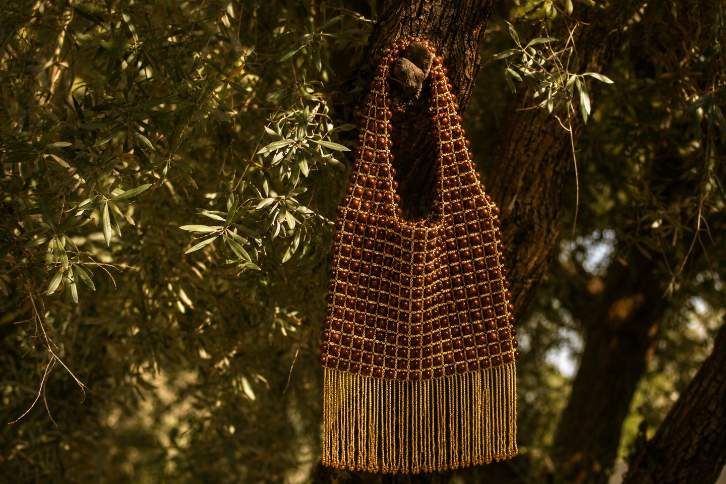 A fringed beaded tote suspended from an olive tree.