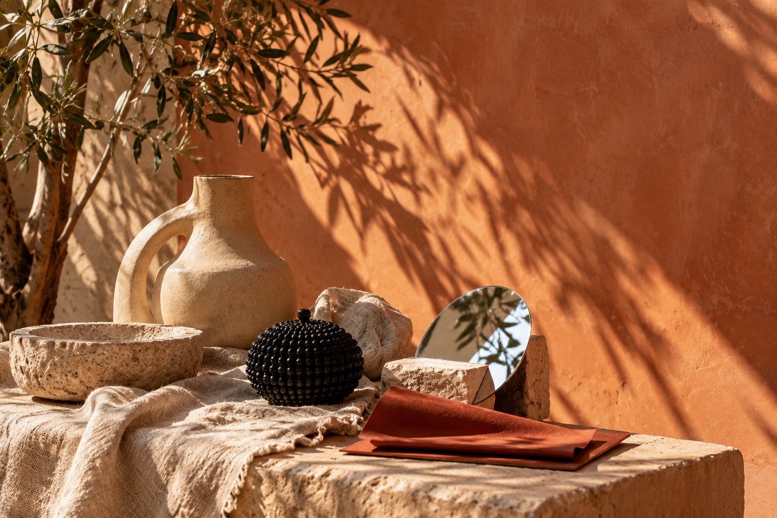An art-directed still life of ceramic, linen and paper in a sunlit courtyard.