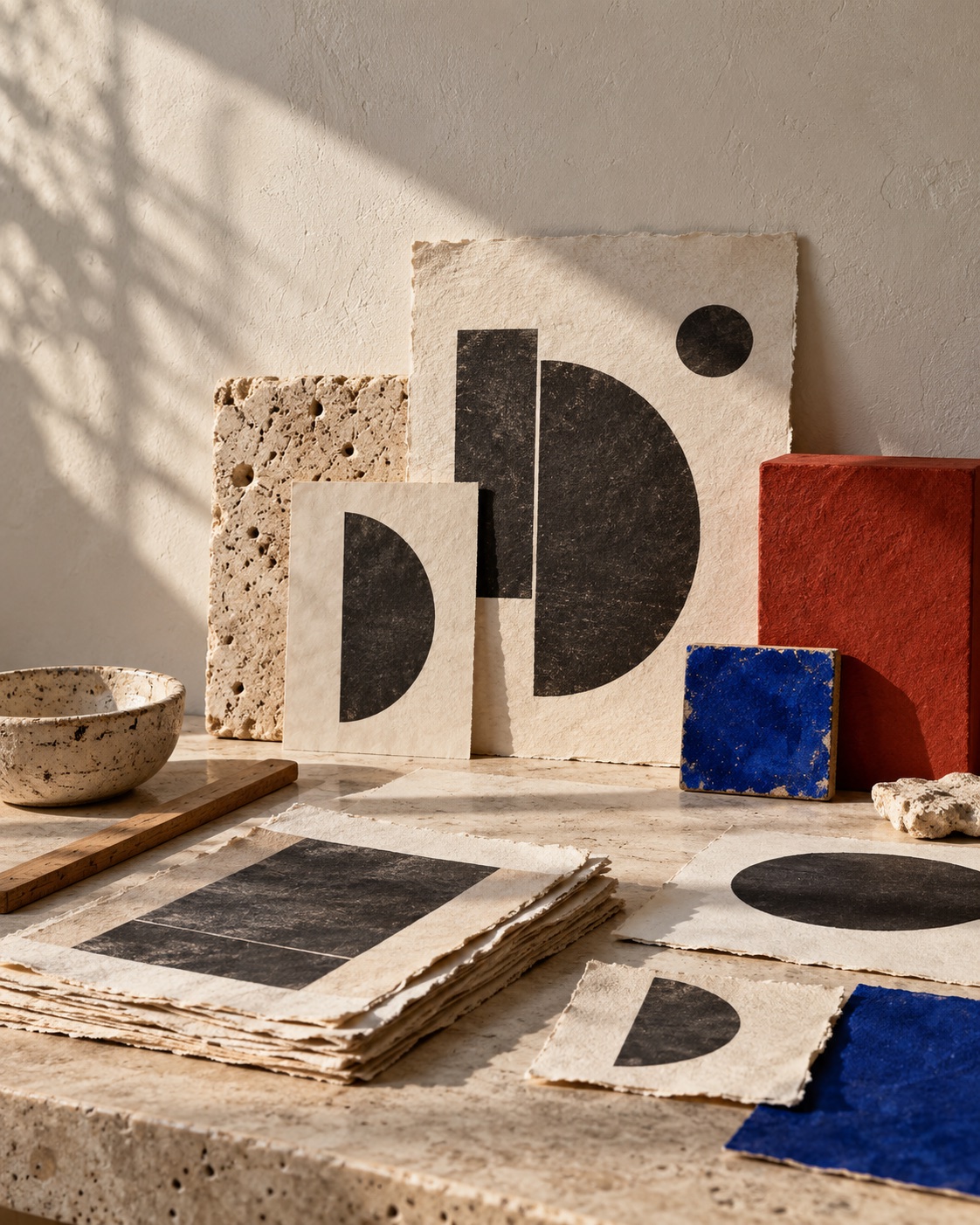 Abstract brand exploration materials on handmade paper, stone and coloured pigment.