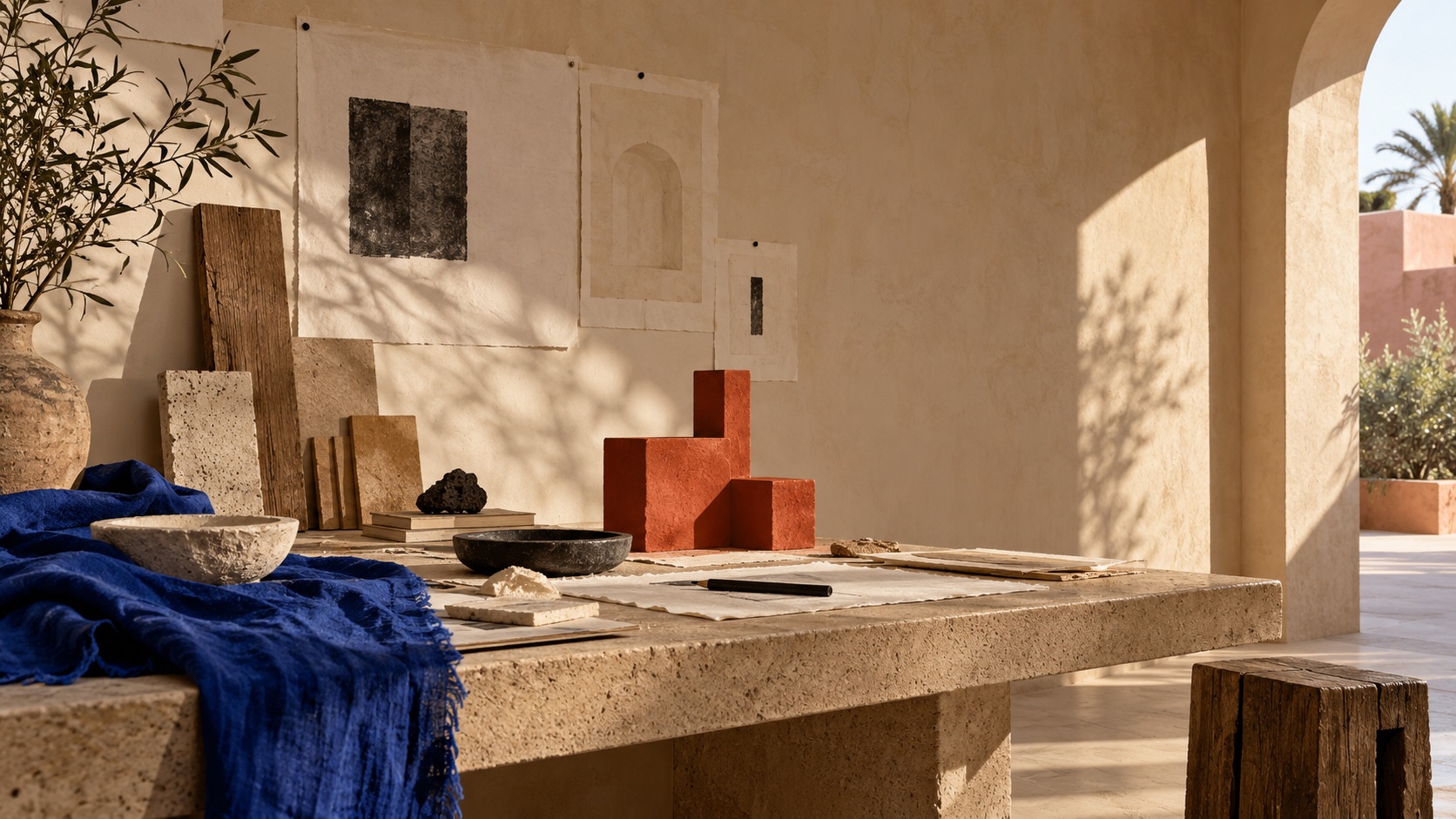 A sunlit creative studio table with handmade paper studies, stone, cobalt fabric and vermilion forms.