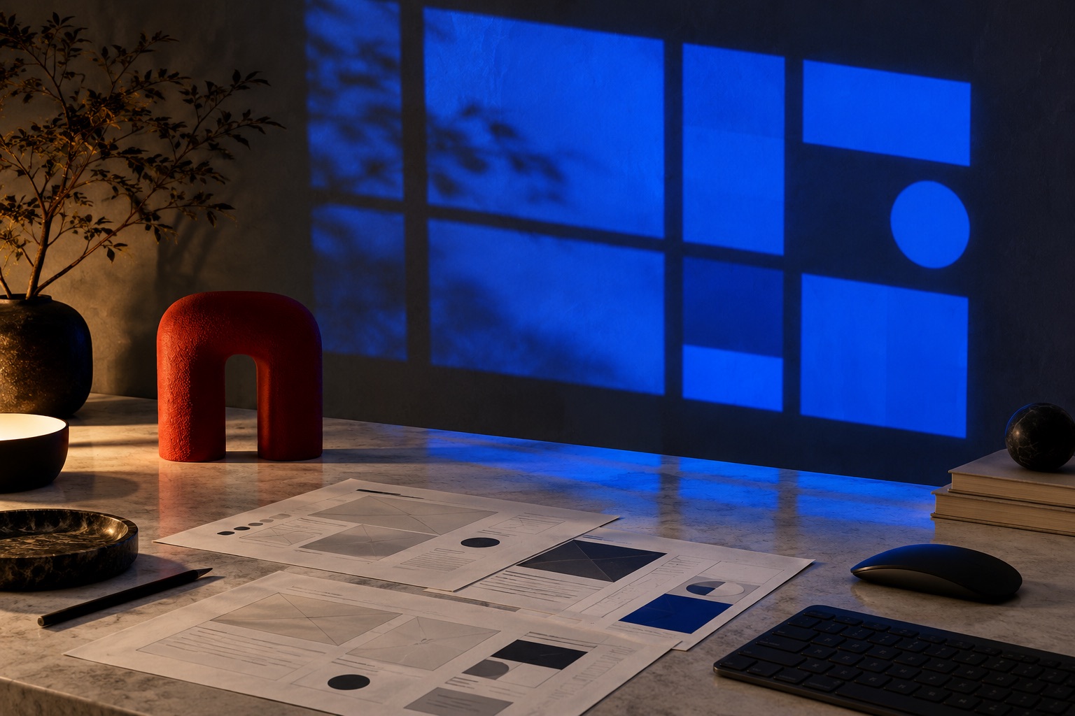A digital design workspace lit by an abstract cobalt projection.